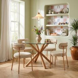 Ensemble repas table à manger ronde en verre HARRY 120 cm et lot de 4 chaises NOA tissu beige