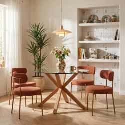 Ensemble repas table à manger ronde en verre HARRY 120 cm et lot de 4 chaises NOA tissu terracotta