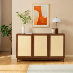 Buffet HARIA effet noyer et rotin 3 portes 140cm