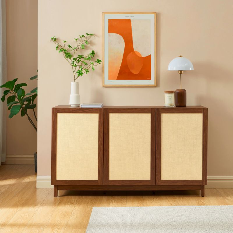 Buffet HARIA effet noyer et rotin 3 portes 140cm