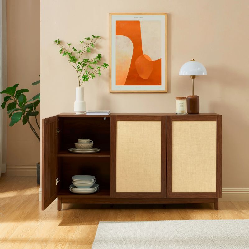 Buffet HARIA effet noyer et rotin 3 portes 140cm