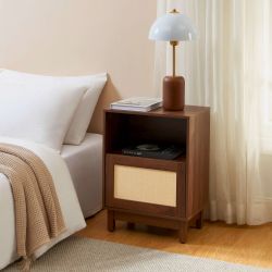 Table de chevet HARIA effet noyer et rotin