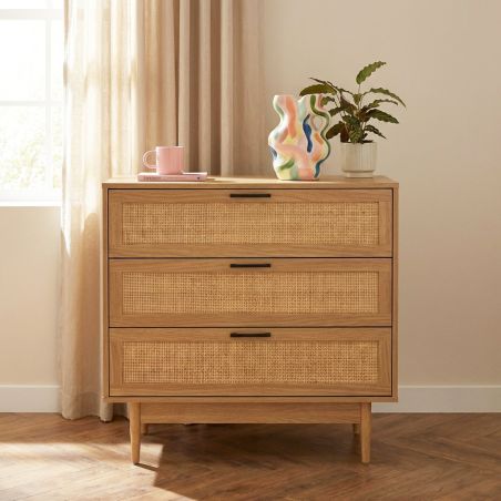 Commode AMANA 3 tiroirs effet chêne et cannage rotin 80cm