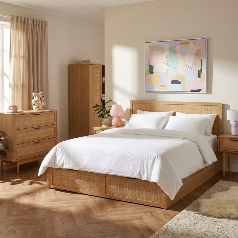 Commode AMANA 3 tiroirs effet chêne et cannage rotin 80cm