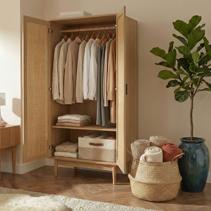 Armoire AMANA effet chêne et cannage rotin 2 portes h170cm