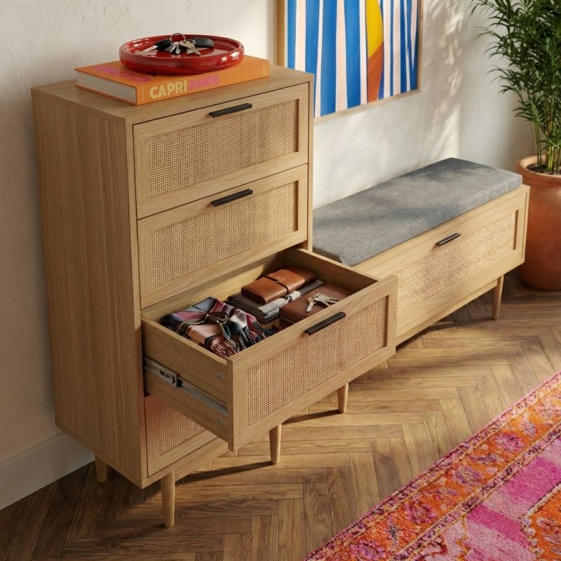 Chiffonnier AMANA 4 tiroirs effet chêne et cannage rotin 50cm