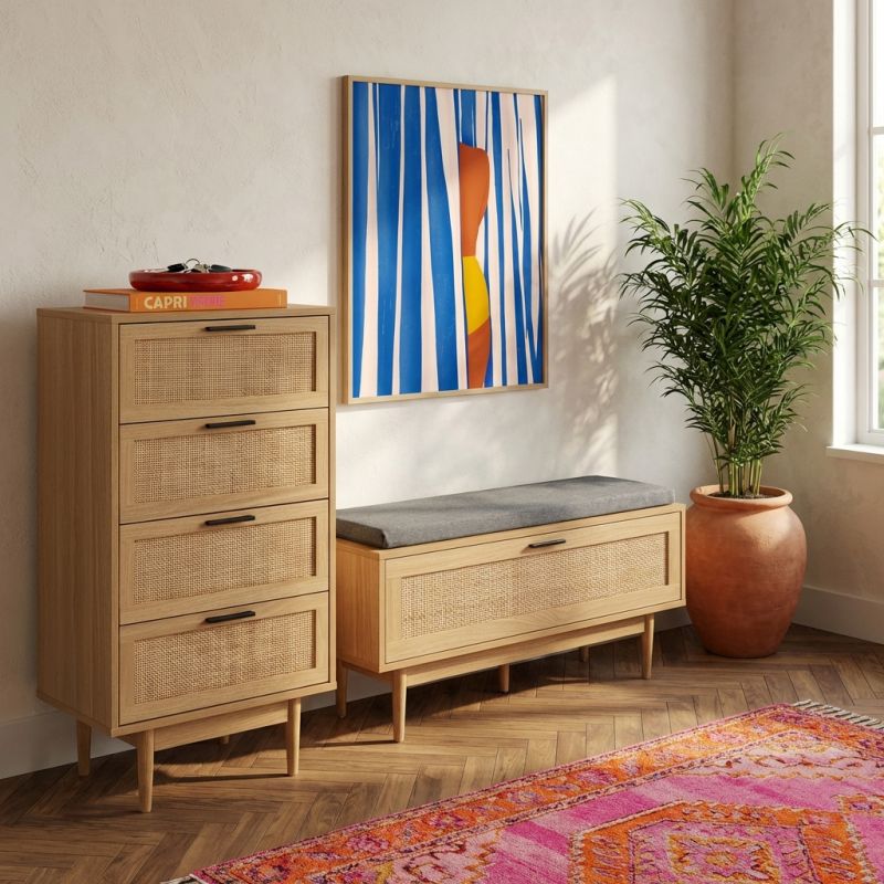 Chiffonnier AMANA 4 tiroirs effet chêne et cannage rotin 50cm