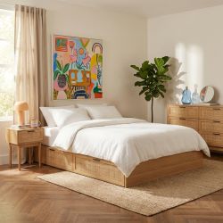 Cadre de lit à tiroirs AMANA 140x190 cannage rotin sommier inclus