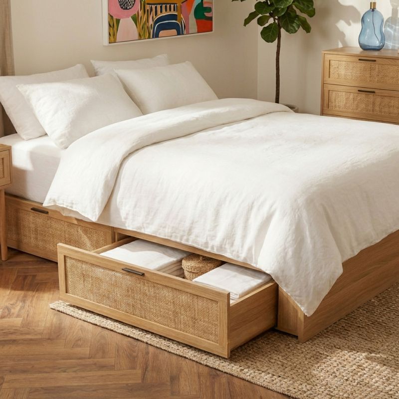 Cadre de lit à tiroirs AMANA 160x200 cannage rotin sommier inclus