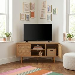 Meuble TV d'angle AMANA effet chêne et cannage rotin 115cm