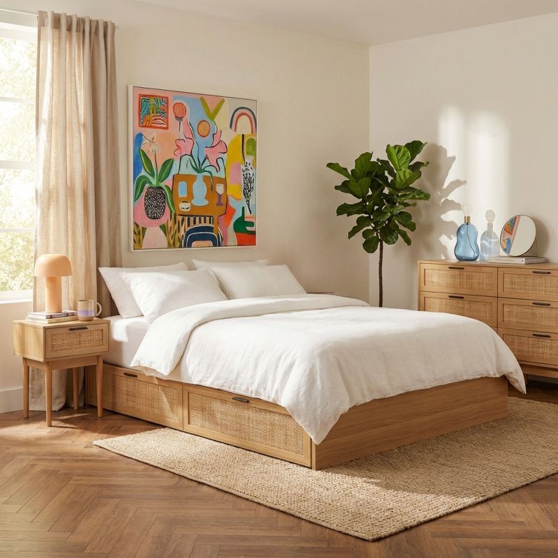 Commode AMANA 6 tiroirs effet chêne et cannage rotin 120cm