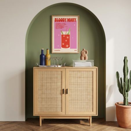 Buffet haut AMANA effet chêne et cannage rotin 2 portes 90cm