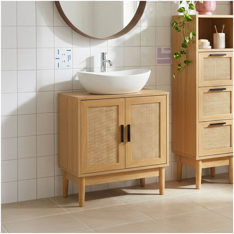 Meuble sous vasque AMANA effet chêne et cannage rotin 60cm