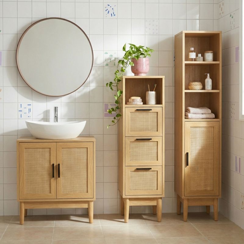 Meuble sous vasque AMANA effet chêne et cannage rotin 60cm