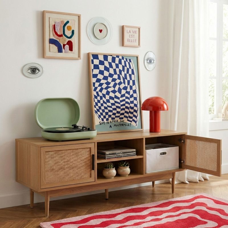 Meuble TV AMANA effet chêne et cannage rotin 130cm