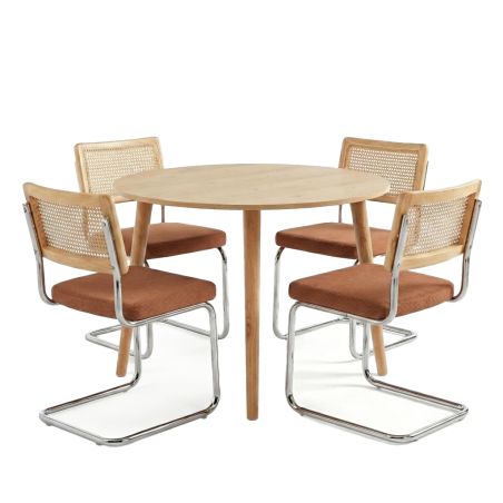 Ensemble repas table extensible ORACLE placage chêne et lot de 4 chaises ELLA velours côtelé terracotta et cannage