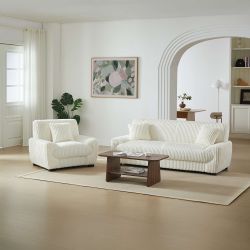 Ensemble canapé droit fixe 3 places + fauteuil 1 place ADEA velours côtelé beige