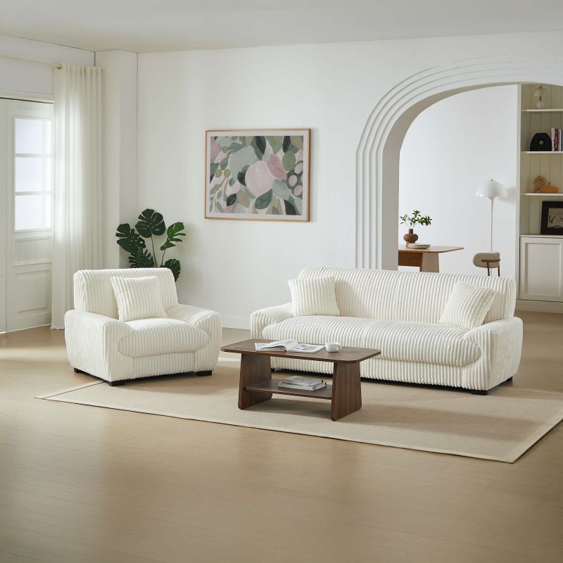 Ensemble canapé droit fixe 3 places + fauteuil 1 place ADEA velours côtelé beige