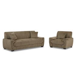 Ensemble canapé droit fixe 3 places + fauteuil 1 place ADEA velours côtelé marron