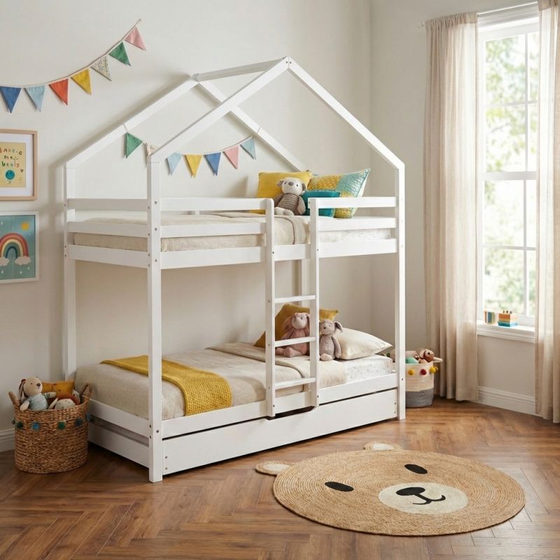 Lit cabane superposé TINY 90x190 pin blanc sommier inclus