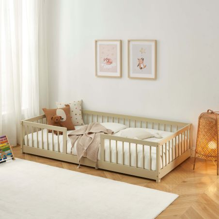 Lit enfant avec barrières EDEN pin massif beige 90x190 sommier inclus