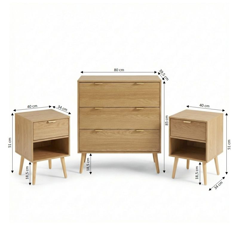 Ensemble commode et 2 tables de chevet JEANNE effet chêne