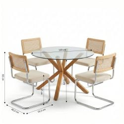 Ensemble repas table à manger ronde en verre HARRY 120cm et lot de 4 chaises ELLA velours côtelé beige et cannage