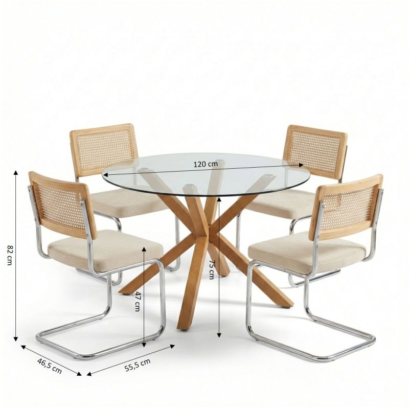 Ensemble repas table à manger ronde en verre HARRY 120cm et lot de 4 chaises ELLA velours côtelé beige et cannage