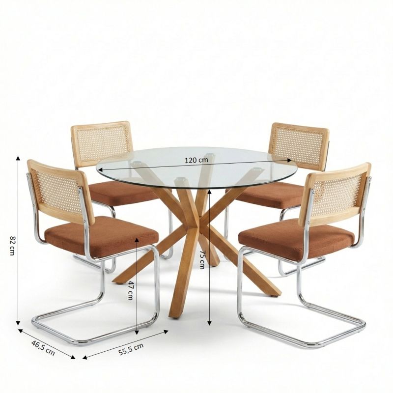 Ensemble repas table à manger ronde en verre HARRY 120 cm et lot de 4 chaises ELLA velours côtelé terracotta et cannage
