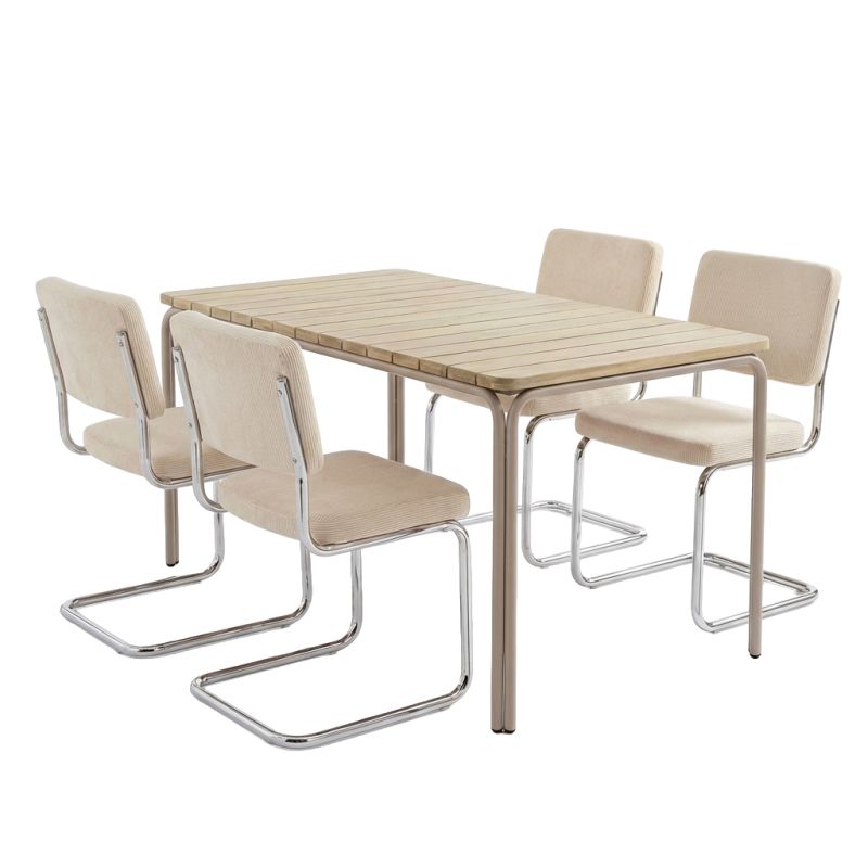 Ensemble repas table ASTI bois d'acacia FSC 160cm et lot de 4 chaises JACK velours côtelé écru