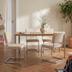 Ensemble repas table ASTI bois d'acacia FSC 160cm et lot de 4 chaises JACK velours côtelé écru