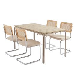 Ensemble repas table ASTI bois d'acacia FSC 160cm et lot de 4 chaises ELLA velours côtelé écru