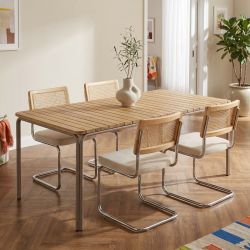 Ensemble repas table ASTI bois d'acacia FSC 160cm et lot de 4 chaises ELLA velours côtelé écru