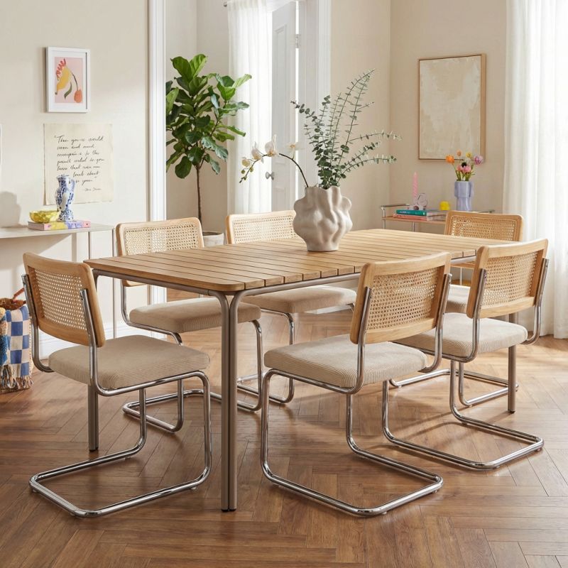 Ensemble repas table ASTI bois d'acacia FSC 200cm et lot de 6 chaises ELLA velours côtelé écru