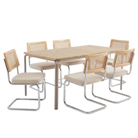Ensemble repas table ASTI bois d'acacia FSC 200cm et lot de 6 chaises ELLA velours côtelé écru