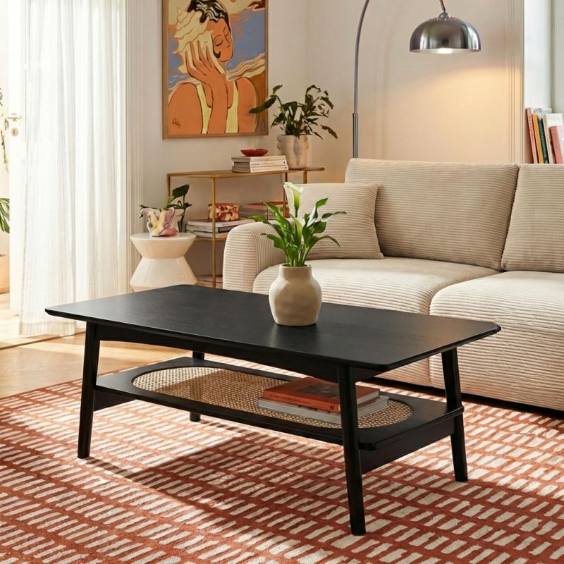 Table basse ANATOLE noir et cannage rotin