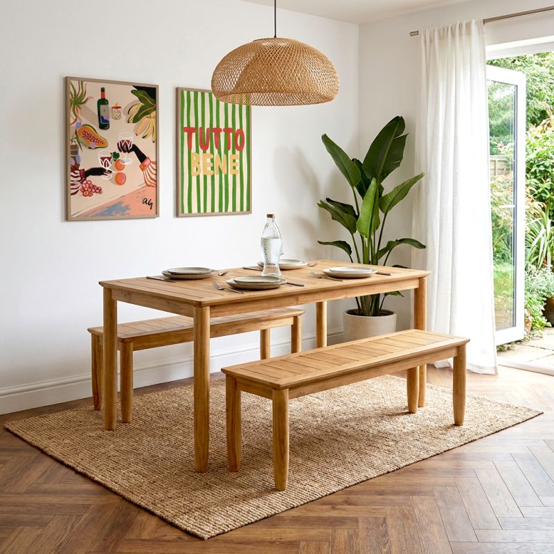 Ensemble table et bancs de jardin SAFARI 6 places en bois teck FSC