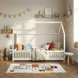 Lit cabane avec barrières TINY 90x190cm pin massif blanc sommier inclus