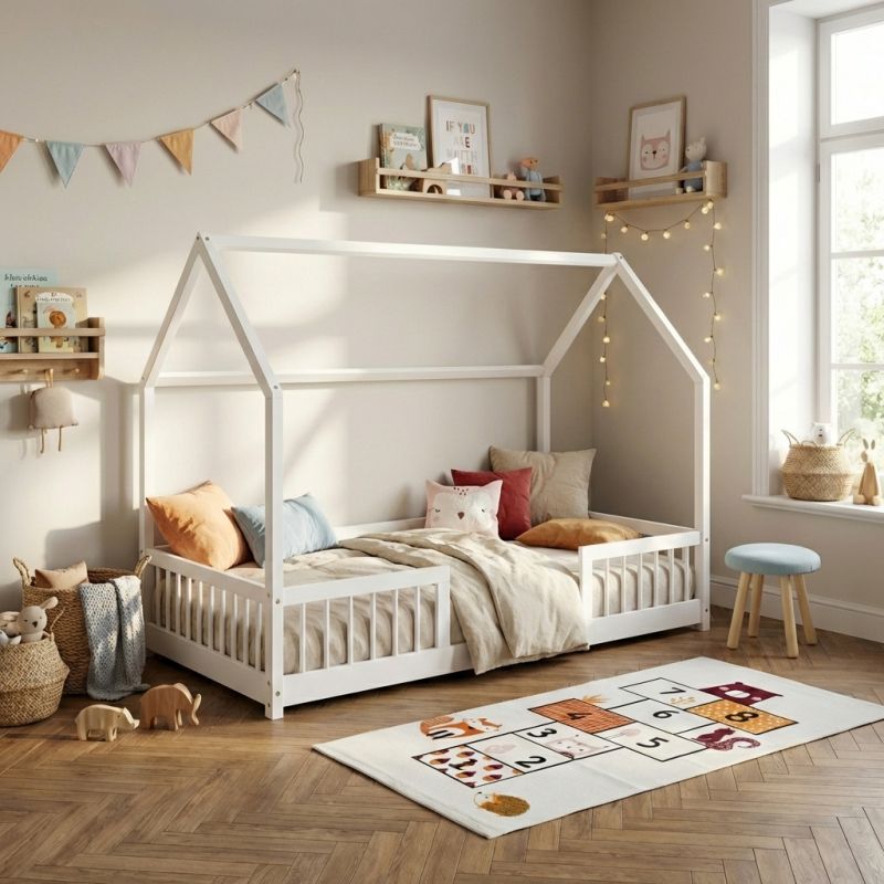 Lit cabane avec barrières TINY 90x190cm pin massif blanc sommier inclus