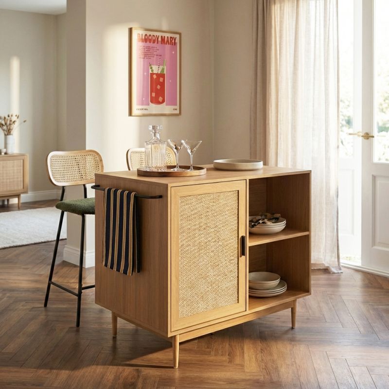 Ilot central AMANA effet chêne et cannage rotin 100cm