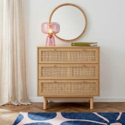 Commode HELENA 3 tiroirs effet chêne et cannage rotin 78cm