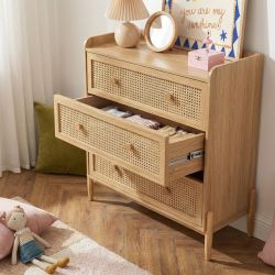 Commode enfant PABLO 3 tiroirs cannage rotin et effet bois 80cm