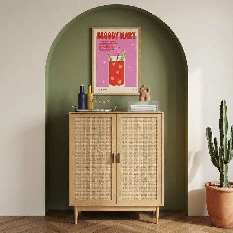 Buffet haut AMANA effet chêne et cannage rotin 2 portes 90cm