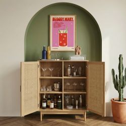 Buffet haut AMANA effet chêne et cannage rotin 2 portes 90cm