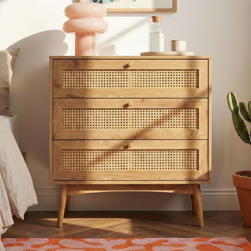 Commode INES effet chêne et cannage rotin 3 tiroirs