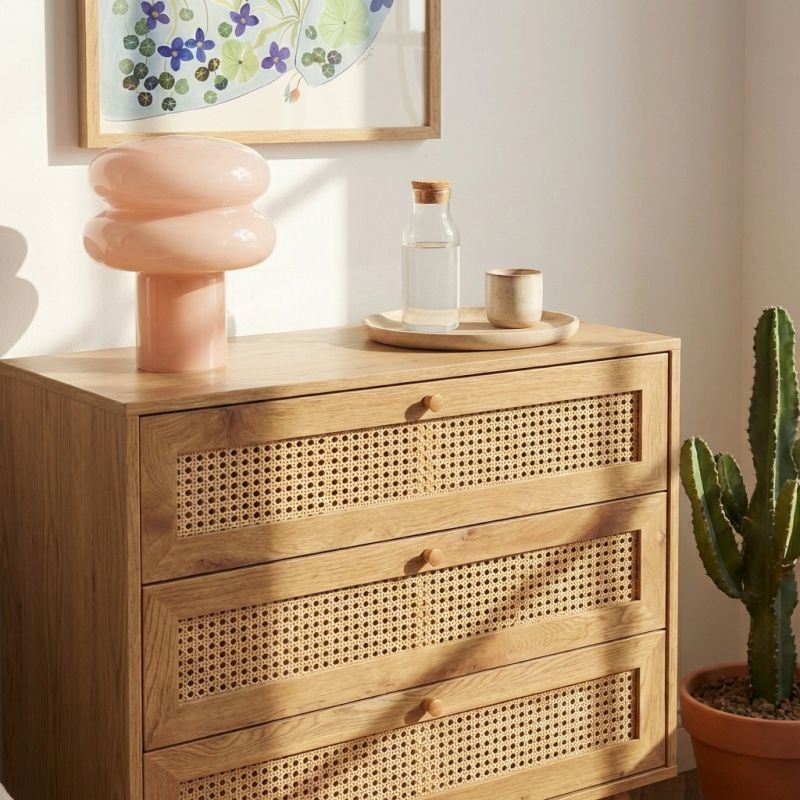 Commode INES effet chêne et cannage rotin 3 tiroirs