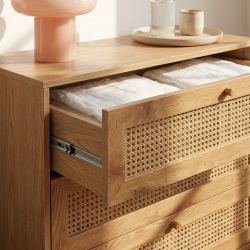 Commode INES effet chêne et cannage rotin 3 tiroirs