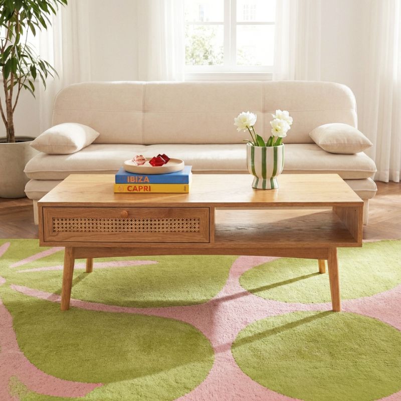 Table basse INES effet chêne et cannage rotin