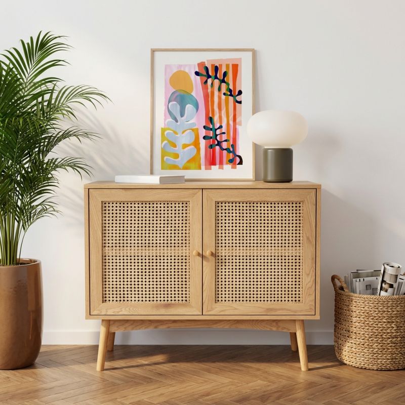 Buffet INES effet chêne et cannage rotin 2 portes 90cm