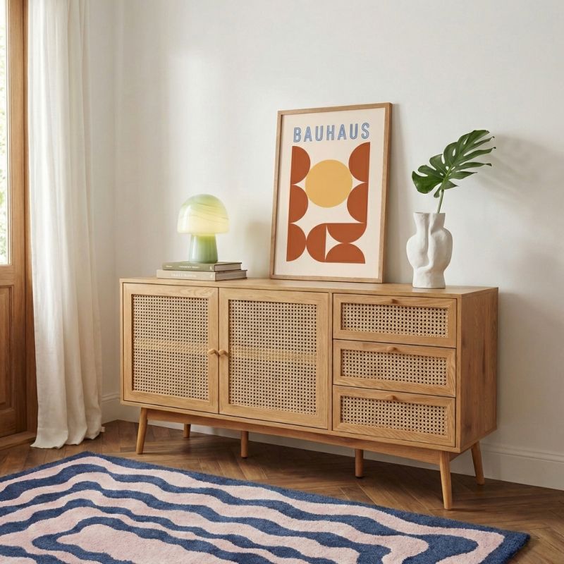 Buffet INES effet chêne et cannage rotin 2 portes 150cm